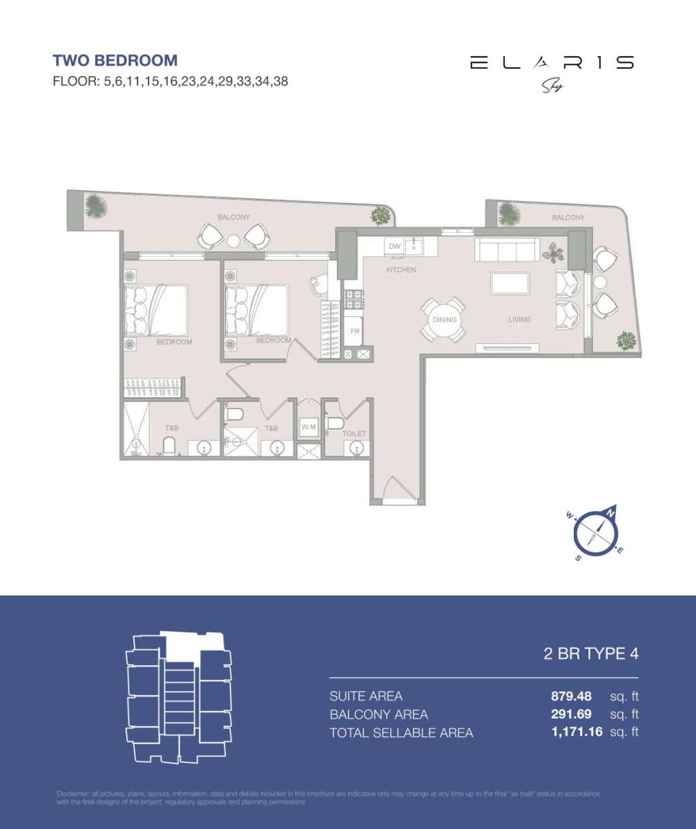 2BR-Type 4-Elaris Sky offers 2-bedroom apartments in JVT District 3, Jumeirah Village Triangle, Dubai.